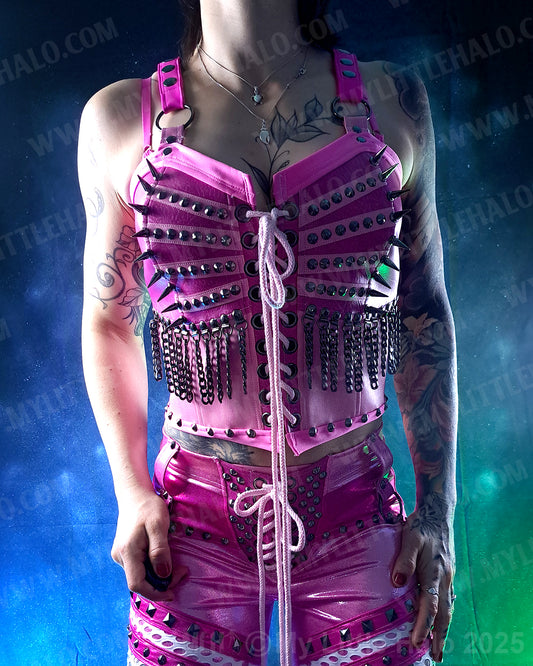 #3 Pink & Gunmetal Spiked Chain Fringe Bustier