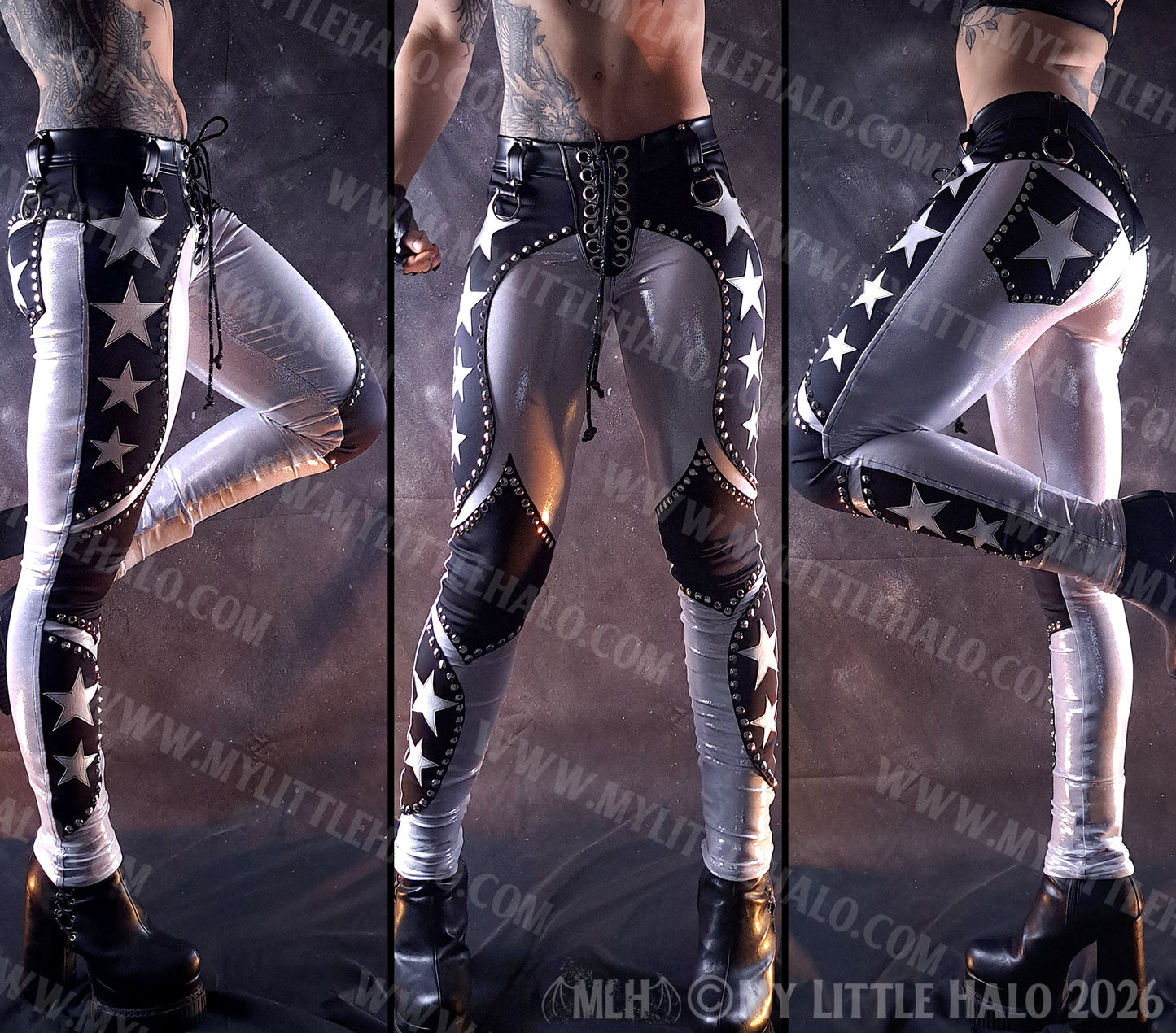 Silver & Black Low Rise Star Skinny Pants #3