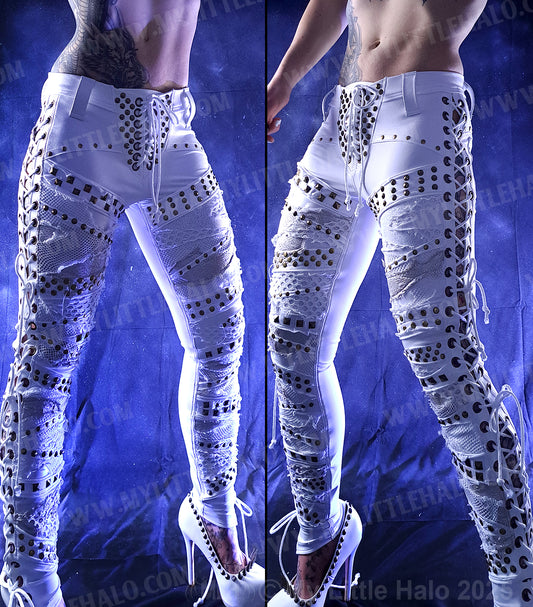 #3 White Collaged Side Lace up Pants