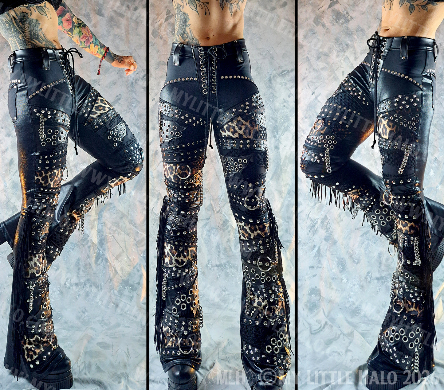 Mid Rise Leopard Print & Fishnet Heavy Metal Hardware Pants #3