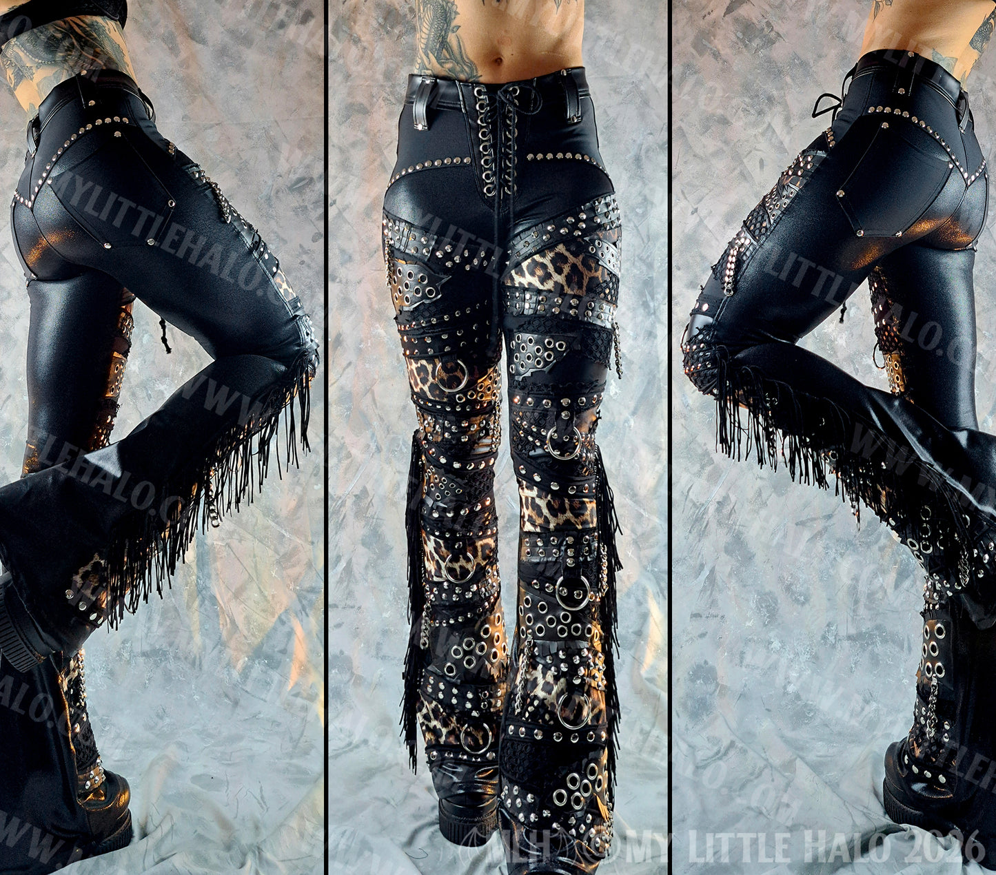 Mid Rise Leopard Print & Fishnet Heavy Metal Hardware Pants #3