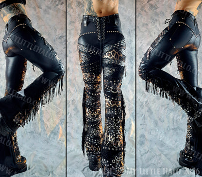Mid Rise Leopard Print & Fishnet Heavy Metal Hardware Pants #3