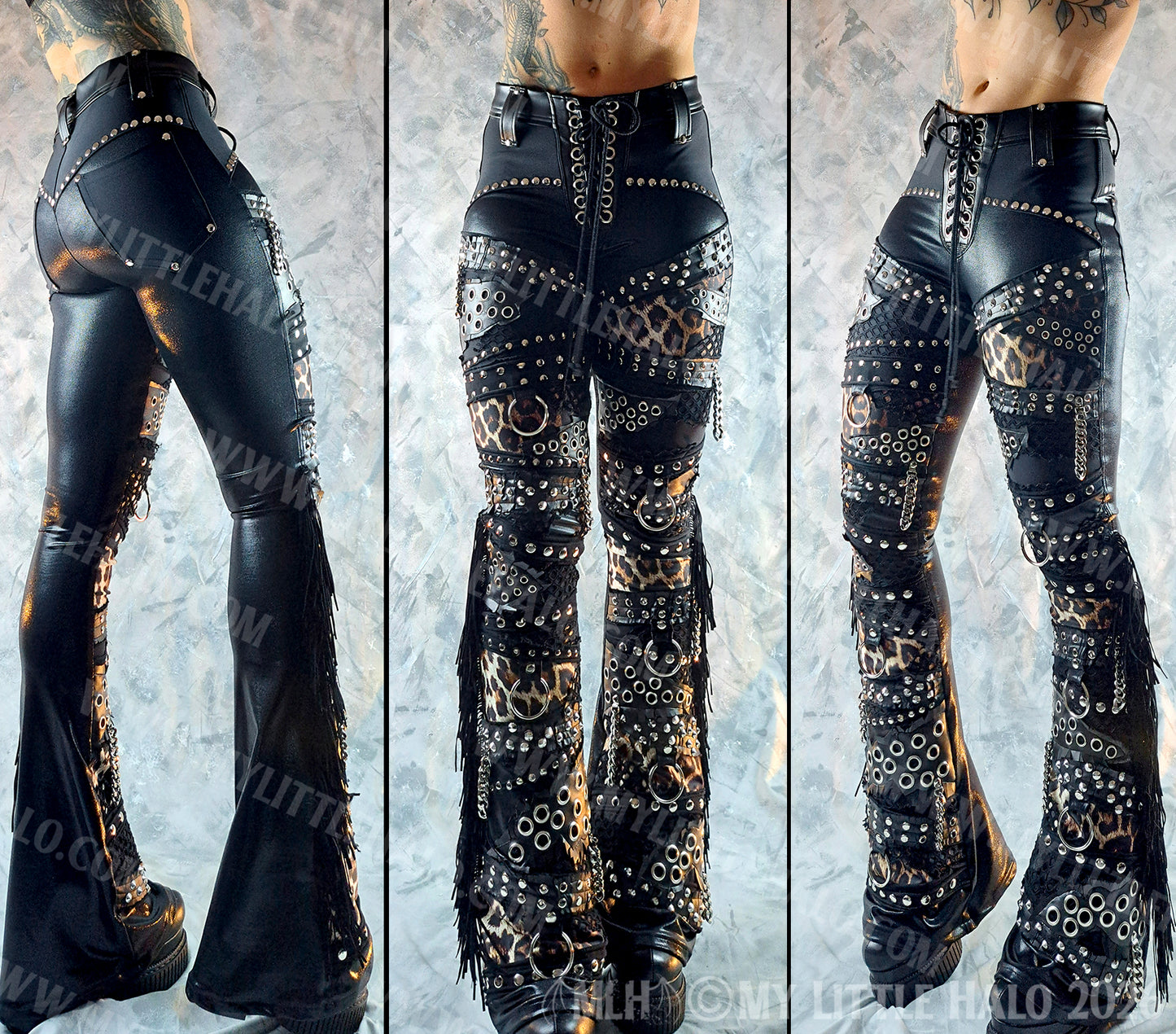 Mid Rise Leopard Print & Fishnet Heavy Metal Hardware Pants #3