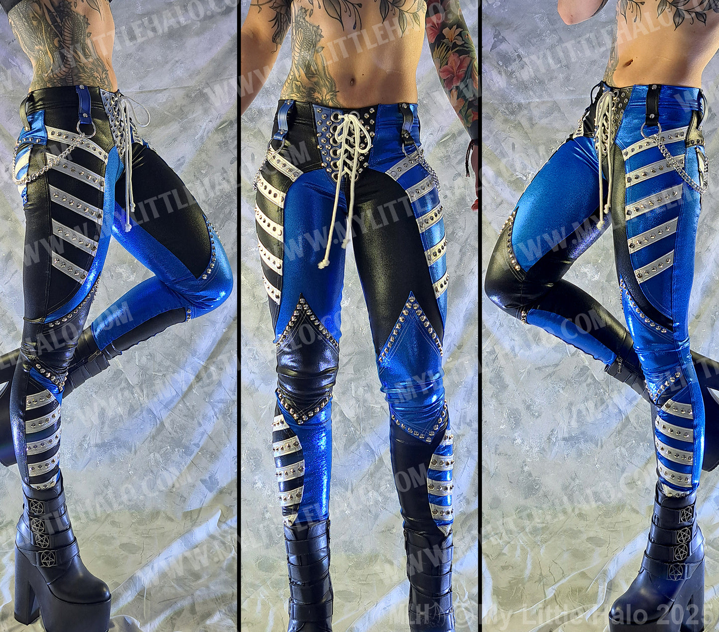 #4 Black, White & Blue Low Rise Rivet & Chain Pants