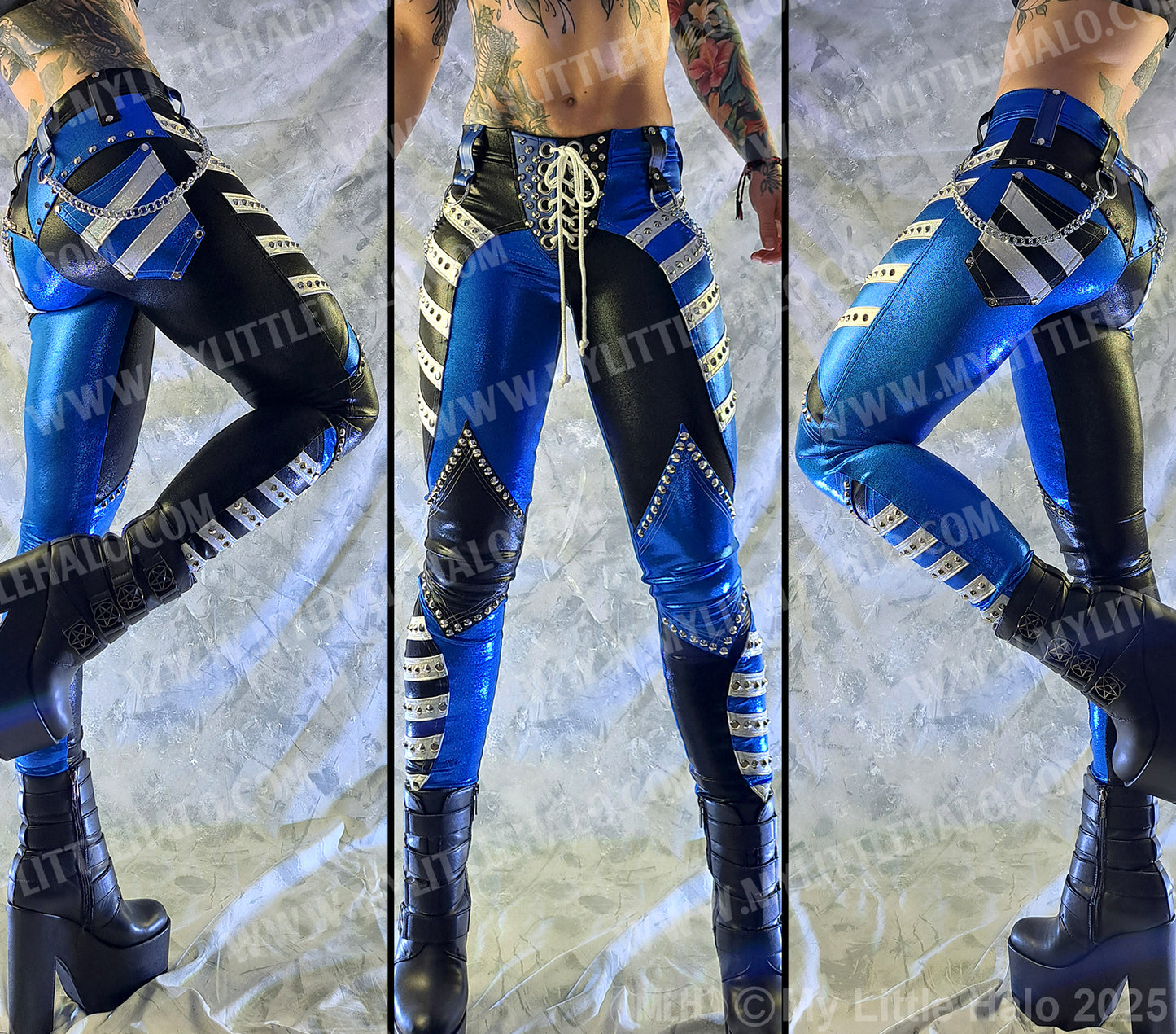 #4 Black, White & Blue Low Rise Rivet & Chain Pants