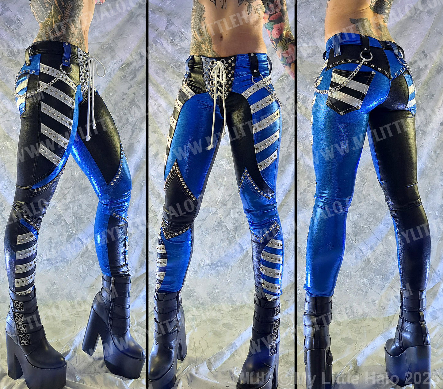 #4 Black, White & Blue Low Rise Rivet & Chain Pants
