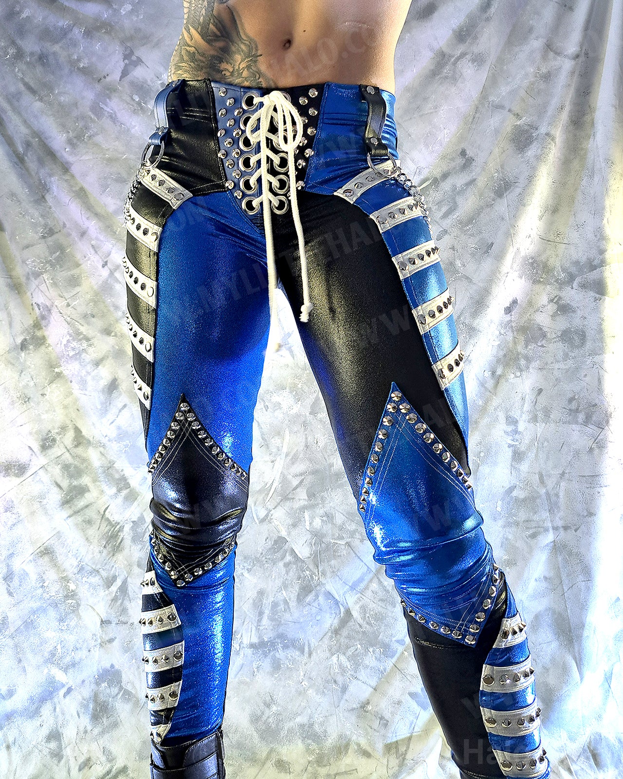 #4 Black, White & Blue Low Rise Rivet & Chain Pants