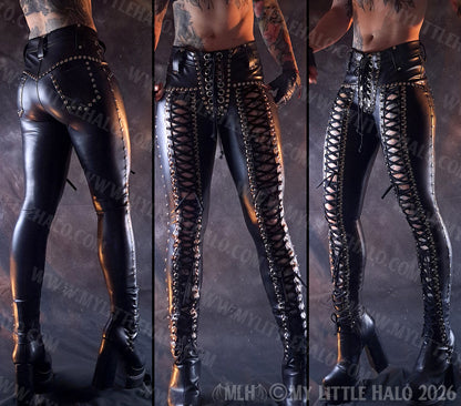 Black Wet Look Mid Rise Front Lace up Pants #5  (Multi-size)