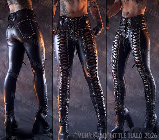 Black Wet Look Mid Rise Front Lace up Pants #5  (Multi-size)