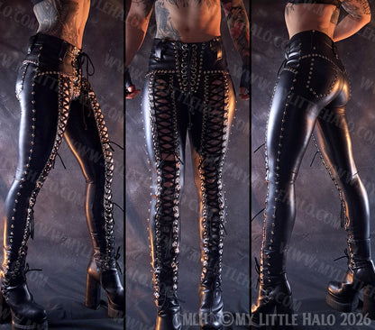Black Wet Look Mid Rise Front Lace up Pants #5  (Multi-size)