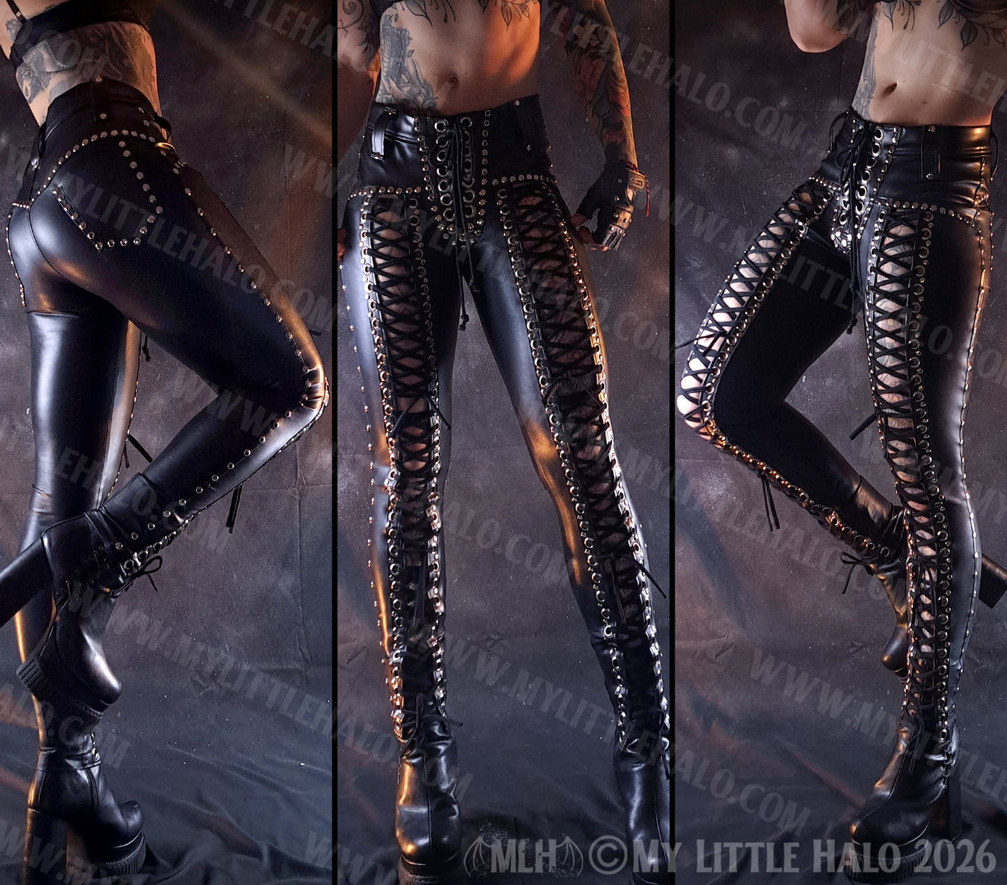 Black Wet Look Mid Rise Front Lace up Pants #5  (Multi-size)