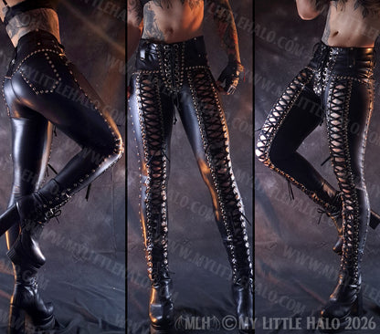 Black Wet Look Mid Rise Front Lace up Pants #5  (Multi-size)