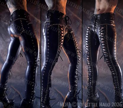 Black Wet Look Mid Rise Front Lace up Pants #5  (Multi-size)