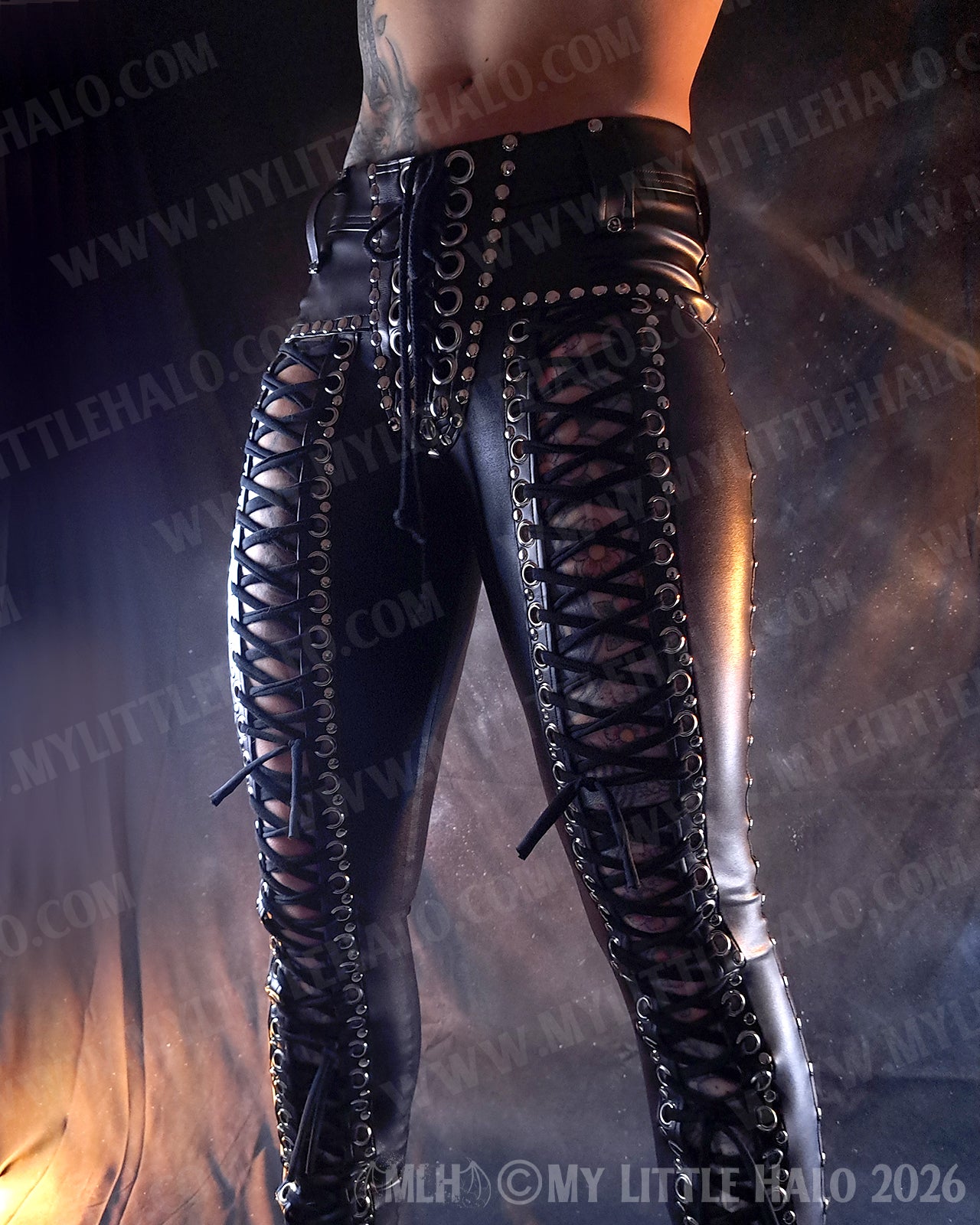 Black Wet Look Mid Rise Front Lace up Pants #5  (Multi-size)
