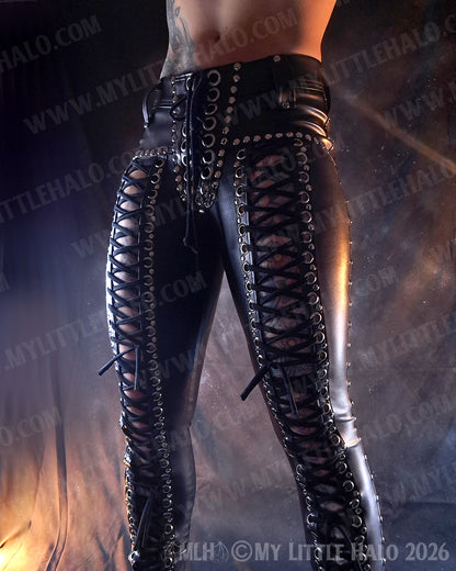 Black Wet Look Mid Rise Front Lace up Pants #5  (Multi-size)