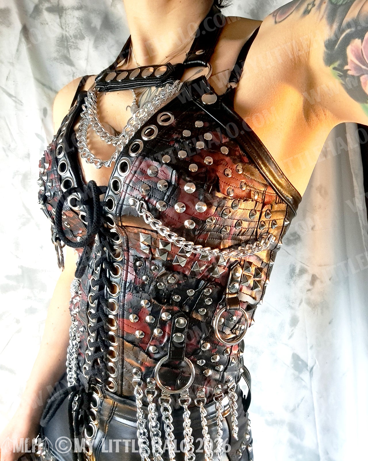 Blood Splatter Rings & Chains Studded Leather Bustier #5