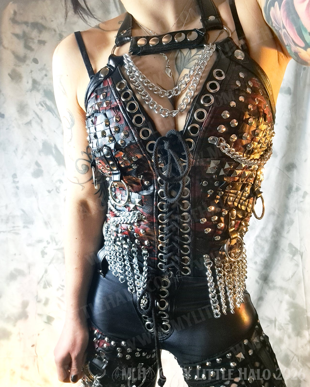 Blood Splatter Rings & Chains Studded Leather Bustier #5