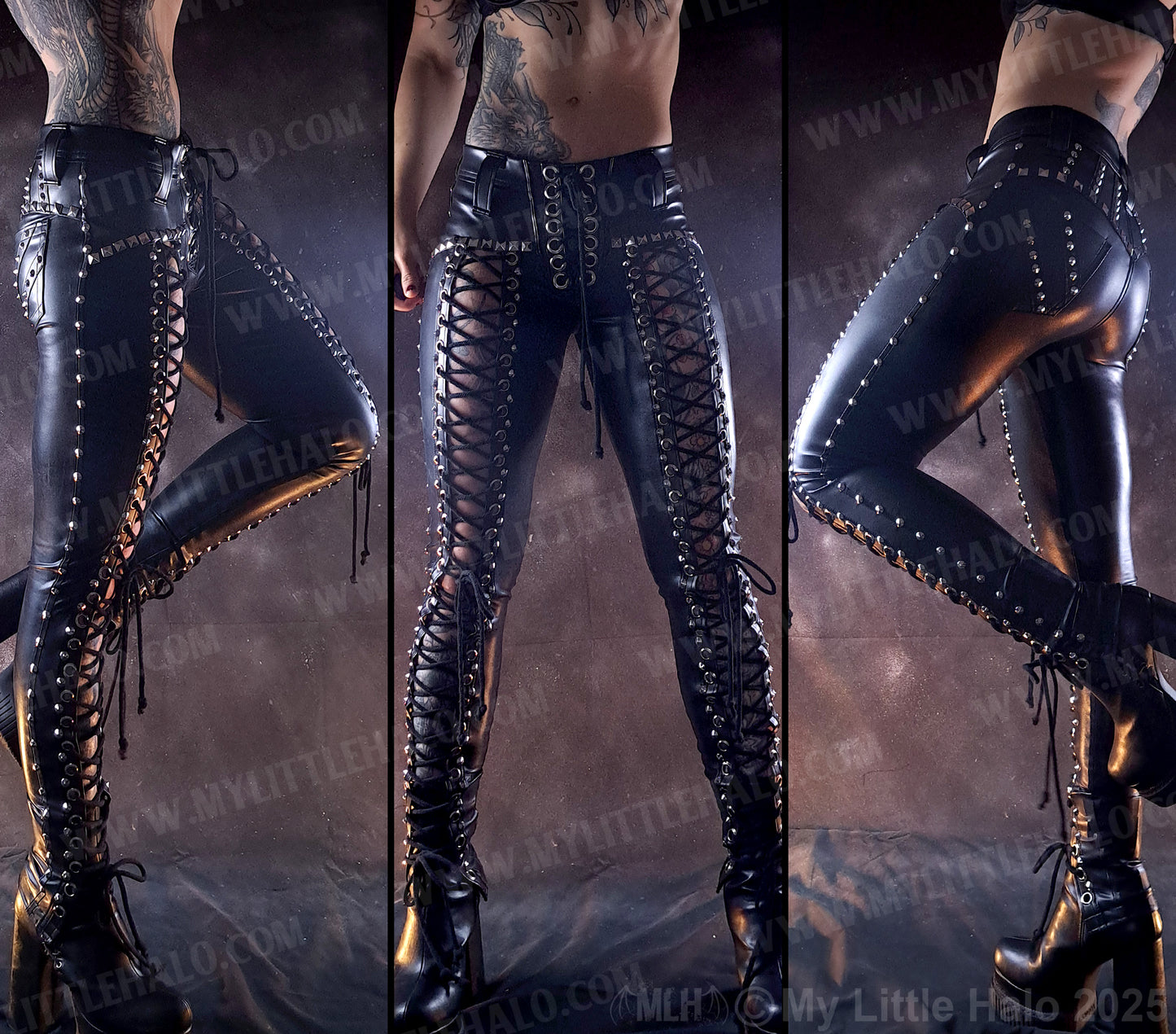 #5 Low Rise Wet Look Lace up Rivet Pants