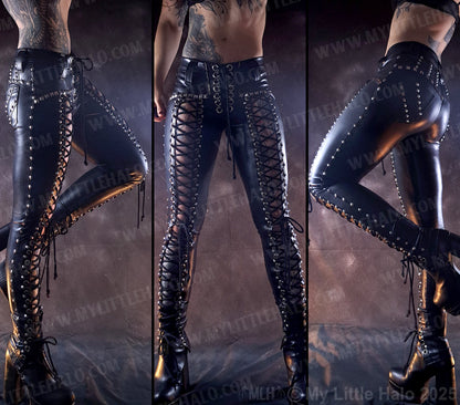 #5 Low Rise Wet Look Lace up Rivet Pants