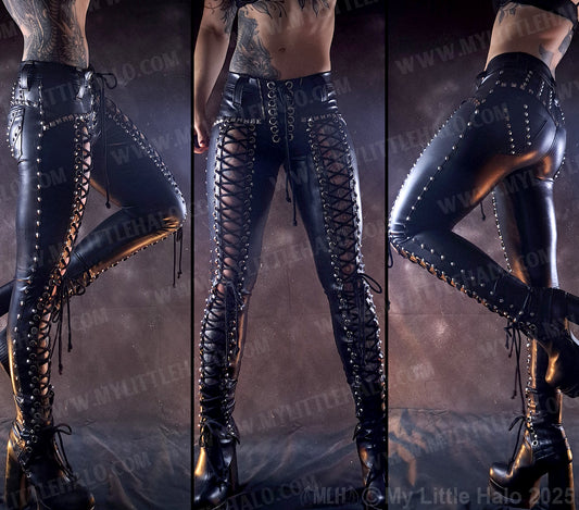 #5 Low Rise Wet Look Lace up Rivet Pants
