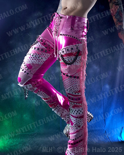 #5 Pink & Gunmetal Collaged & Fringed Straight Leg Pants
