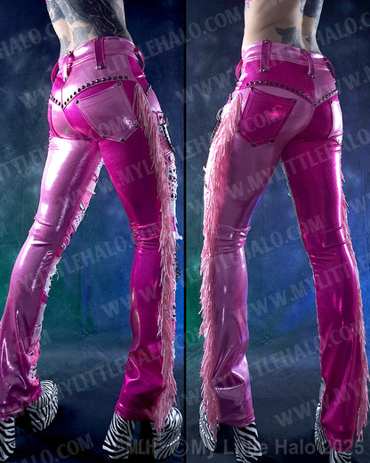 #5 Pink & Gunmetal Collaged & Fringed Straight Leg Pants