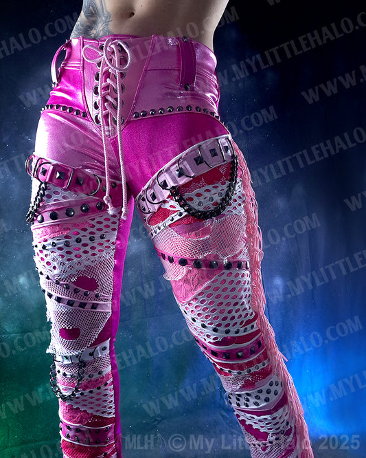 #5 Pink & Gunmetal Collaged & Fringed Straight Leg Pants