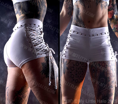 White Mid Waisted Fishnet Lace up Shorts #5