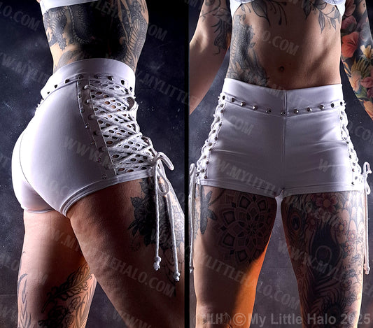 White Mid Waisted Fishnet Lace up Shorts #5