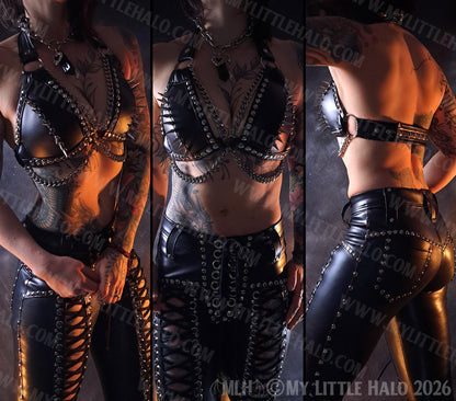 Black Spikes & Chains Faux Leather Bikini Top #6