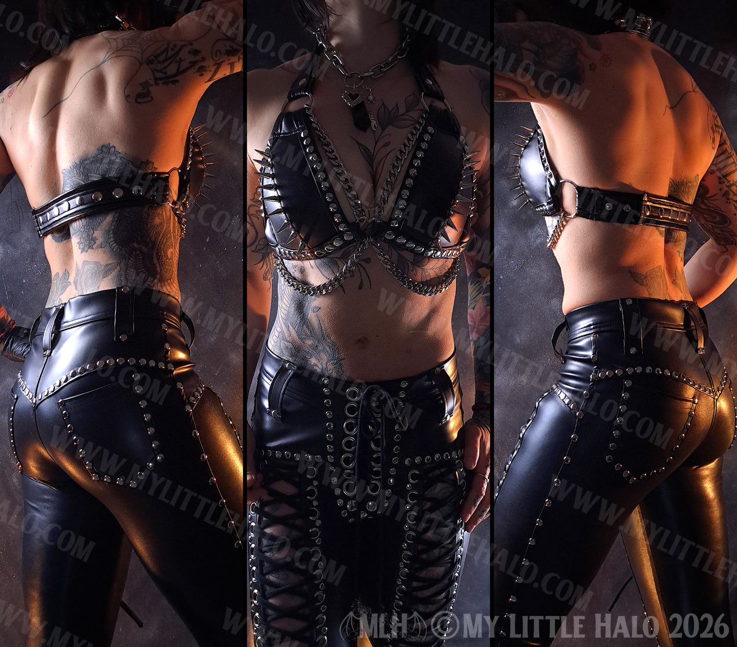 Black Spikes & Chains Faux Leather Bikini Top #6
