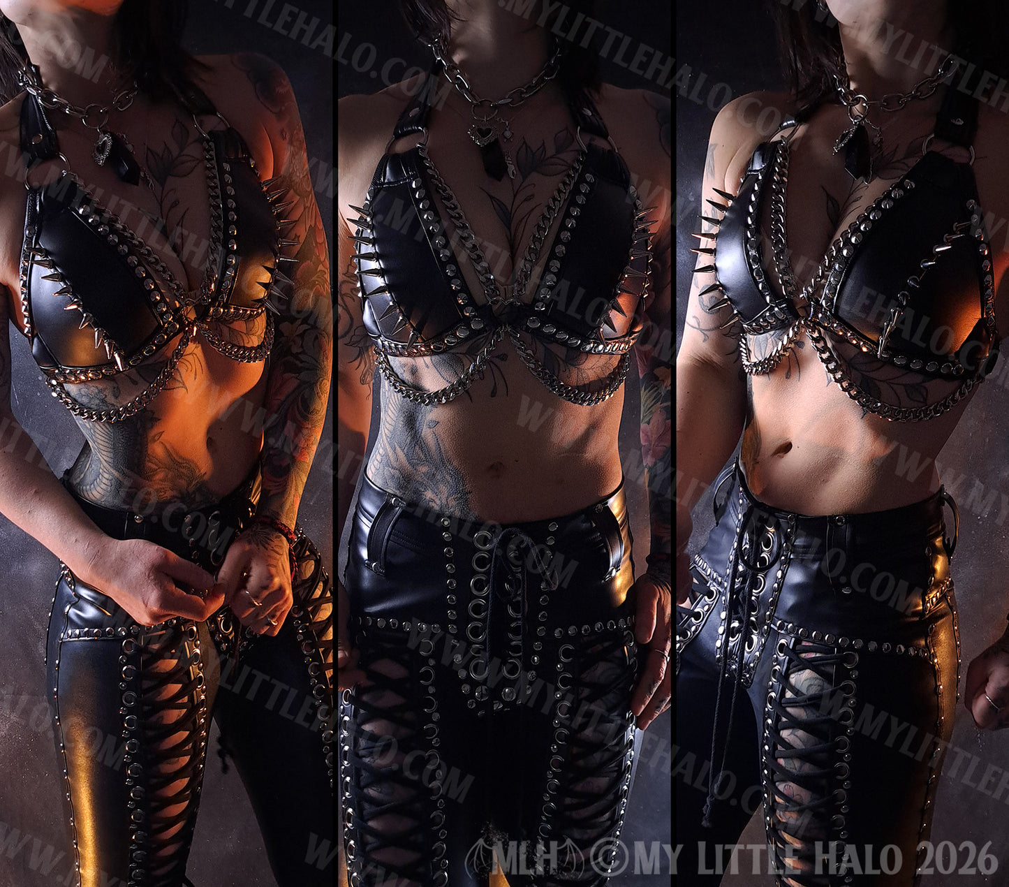 Black Spikes & Chains Faux Leather Bikini Top #6