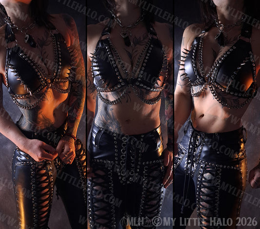 Black Spikes & Chains Faux Leather Bikini Top #6
