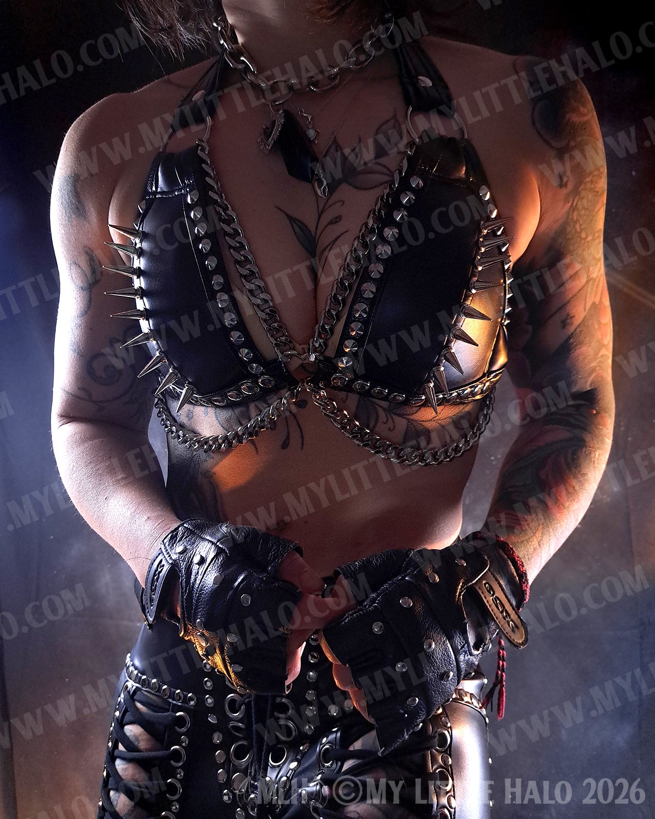 Black Spikes & Chains Faux Leather Bikini Top #6