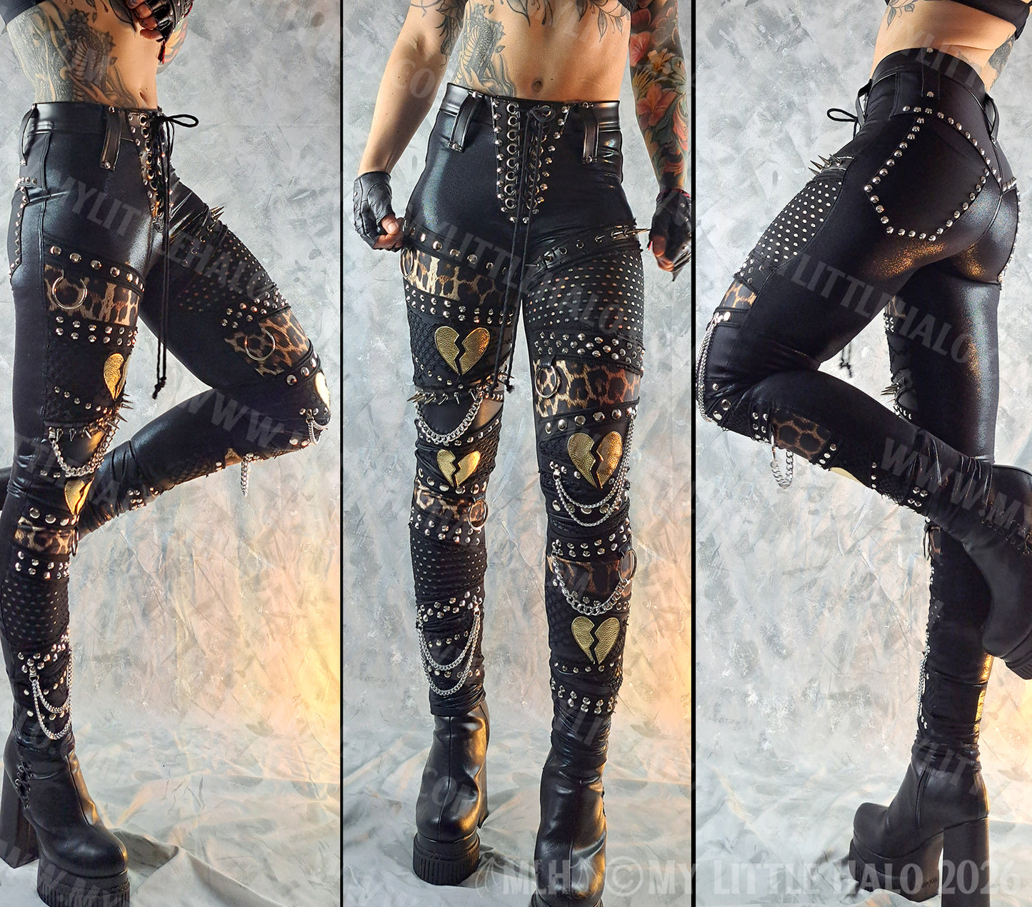 Black & Leopard Print Spiked Heartbreaker Pants #6