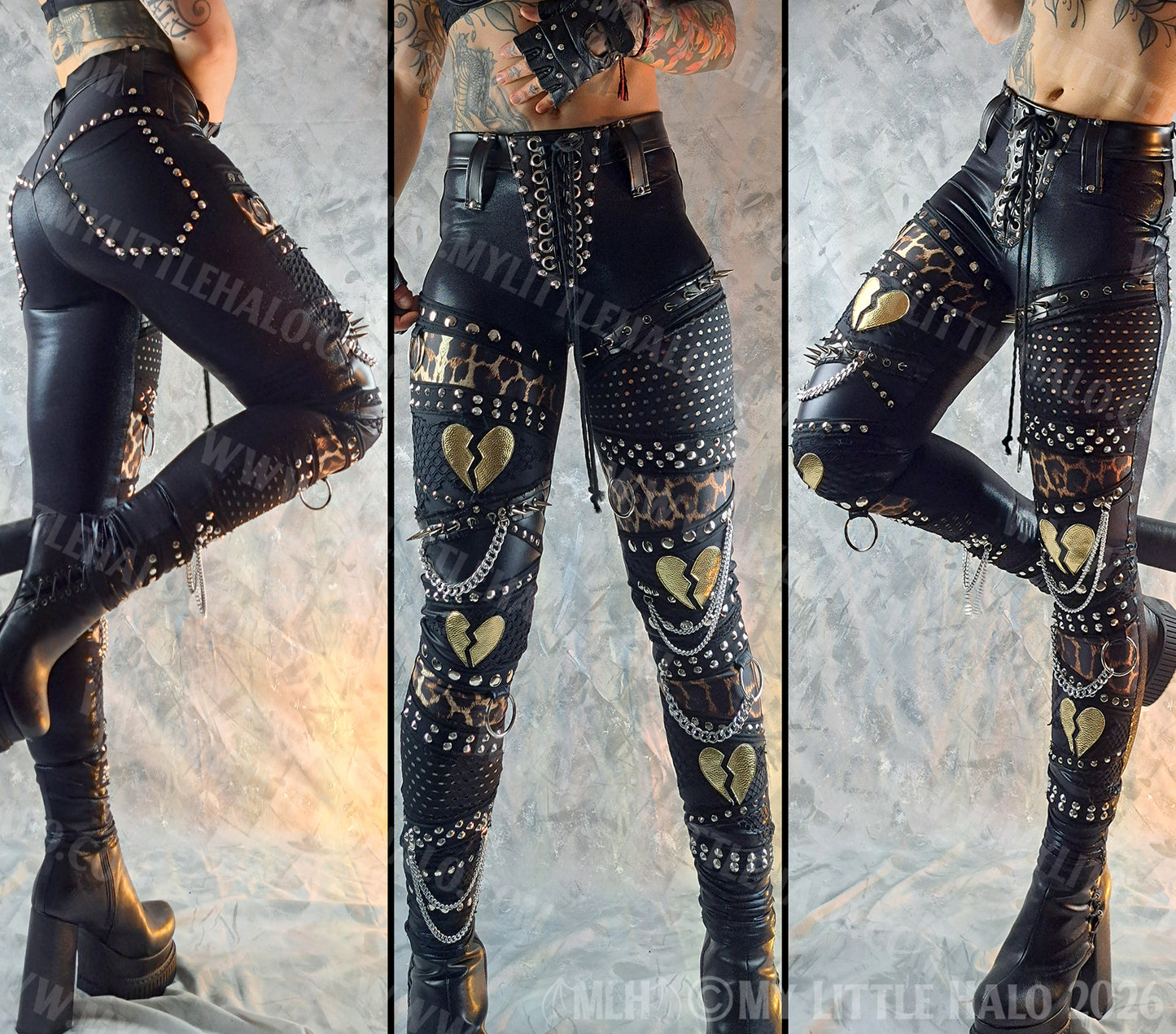 Black & Leopard Print Spiked Heartbreaker Pants #6