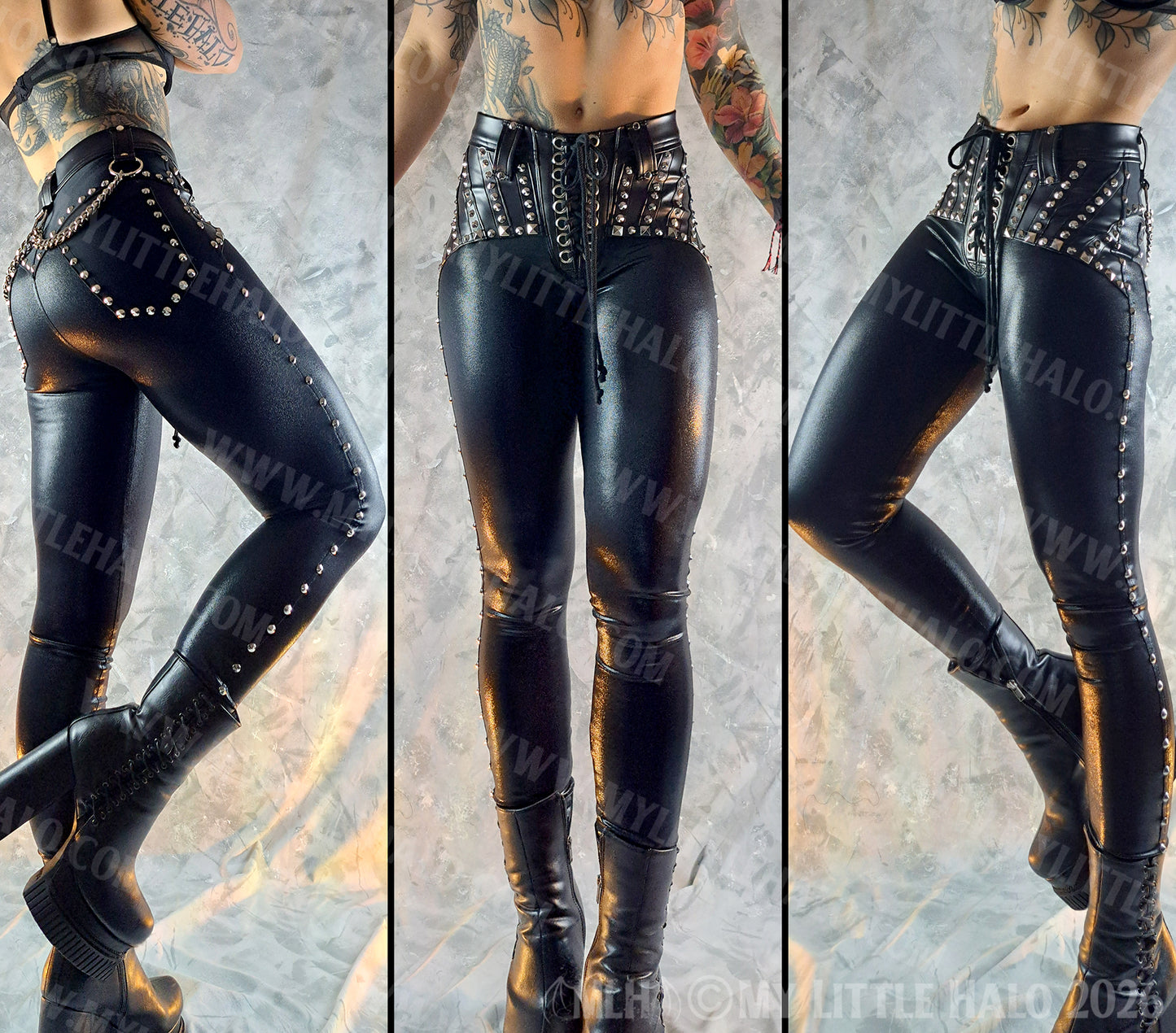 Mid Rise Metallic Black Rivet & Chain Skinny Rock Pants #6