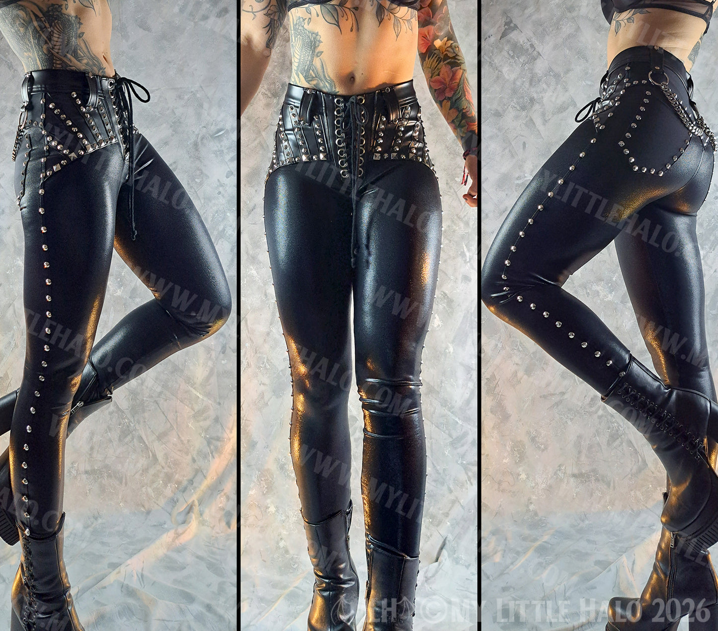 Mid Rise Metallic Black Rivet & Chain Skinny Rock Pants #6