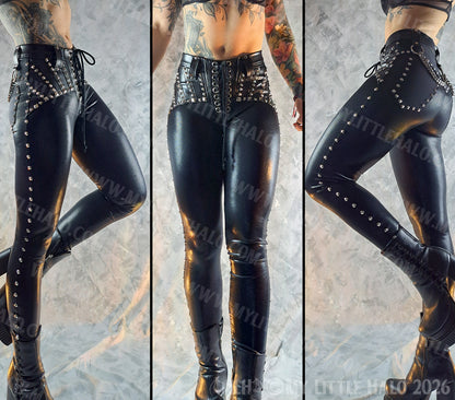 Mid Rise Metallic Black Rivet & Chain Skinny Rock Pants #6