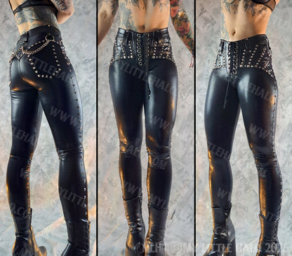 Mid Rise Metallic Black Rivet & Chain Skinny Rock Pants #6