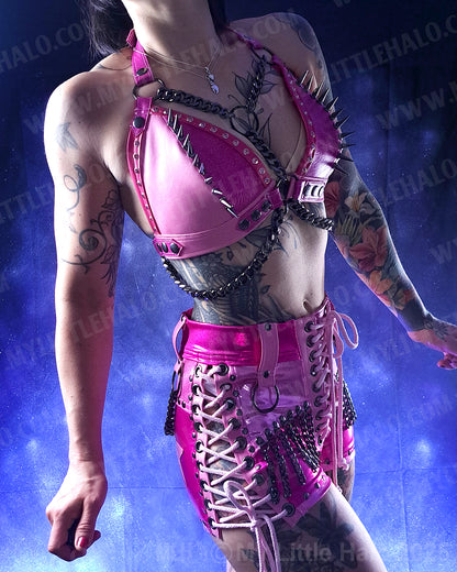 #6 Pink & Gunmetal Spike & Gemstone Bikini Halter