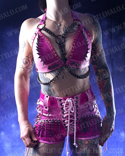 #6 Pink & Gunmetal Spike & Gemstone Bikini Halter