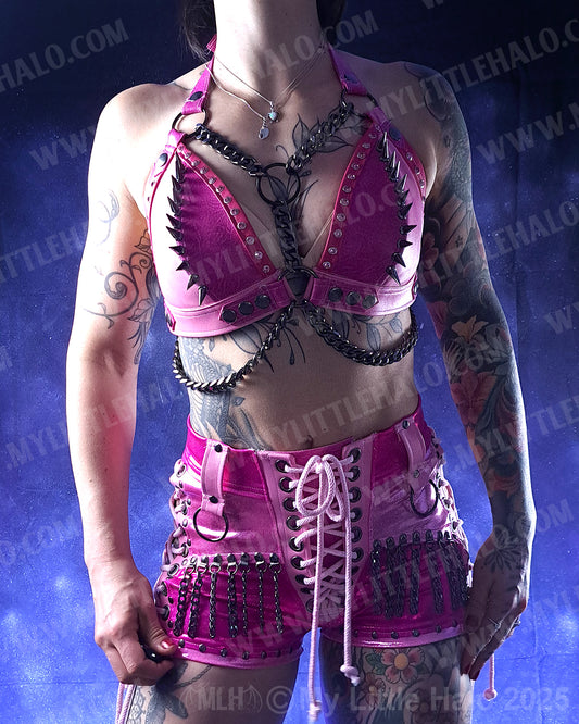 #6 Pink & Gunmetal Spike & Gemstone Bikini Halter