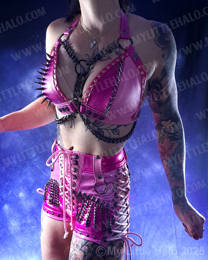 #6 Pink & Gunmetal Spike & Gemstone Bikini Halter