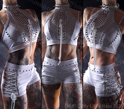 White Mid Waisted Fishnet Lace up Shorts #5