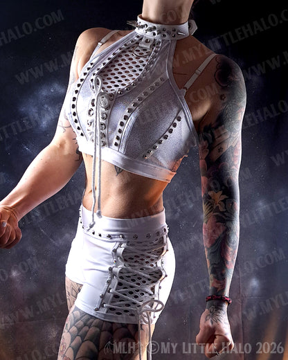 Spiked White Holographic & Fishnet Crop Top #6