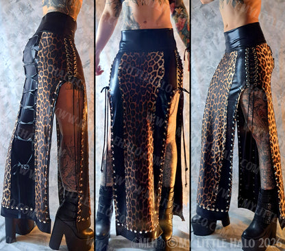 Black & Leopard Print Split Sides Gothic Lace up Maxi Skirt #7