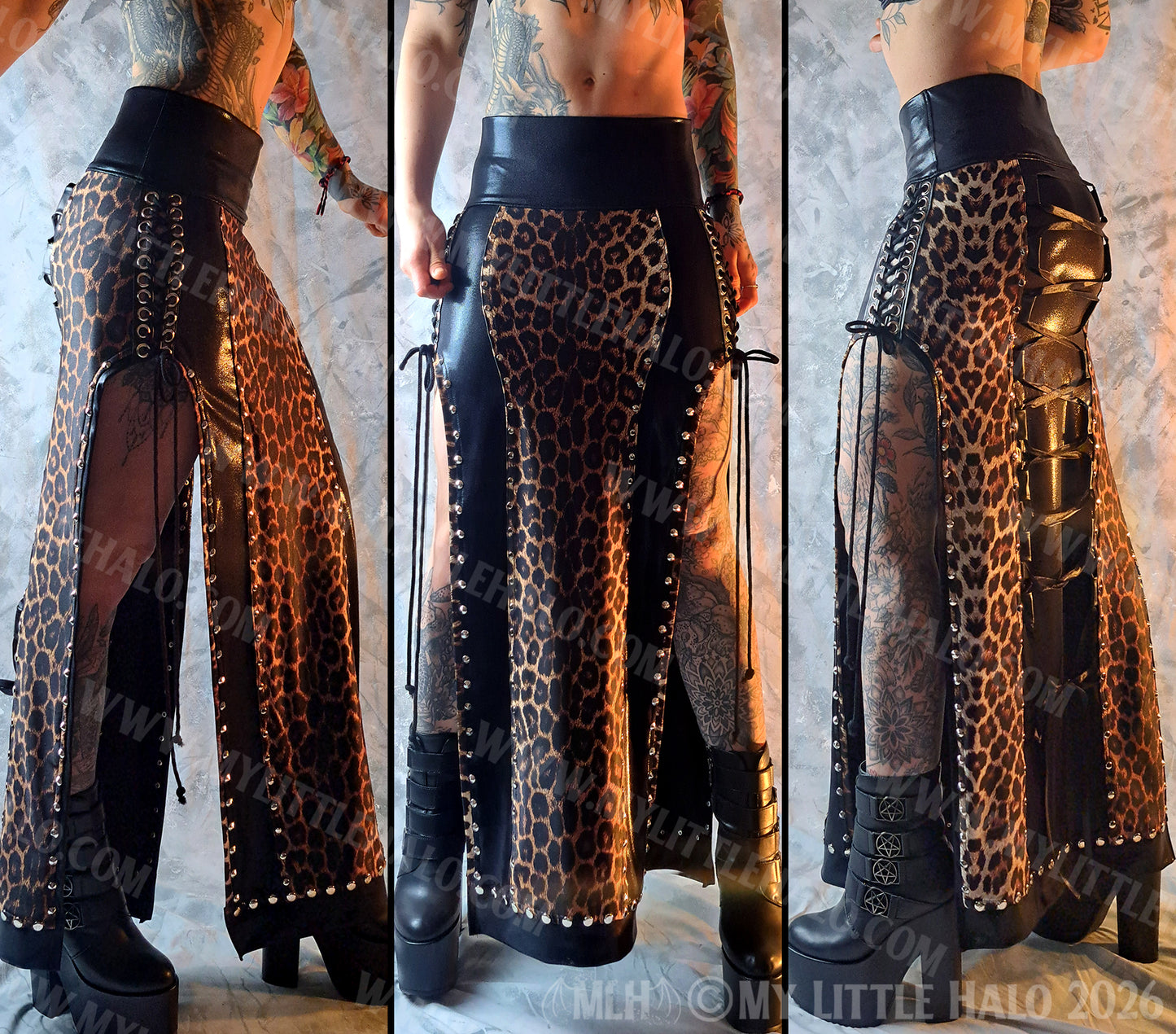 Black & Leopard Print Split Sides Gothic Lace up Maxi Skirt #7
