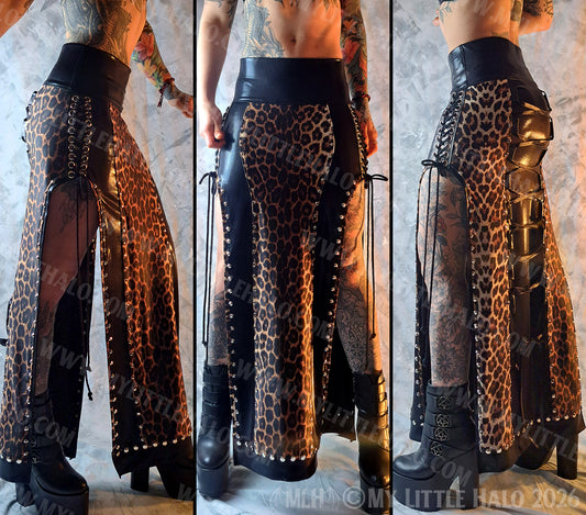 Black & Leopard Print Split Sides Gothic Lace up Maxi Skirt #7