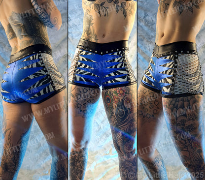 #7 Black, White, Blue & Zebra Print Fishnet Shorts